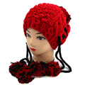 Hand Knit Hat Earflap with Pompom Women Children Adult Sizing